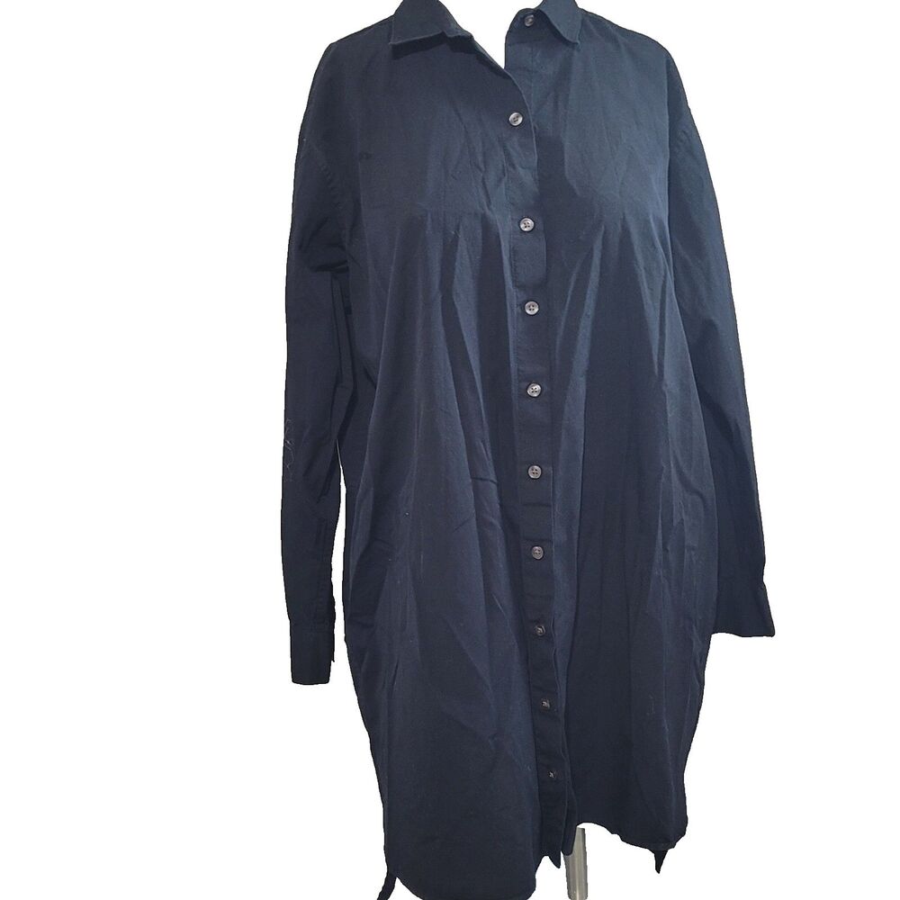 Spanx Medium shirt dress button front longsleeve collar cotton hi-low navy